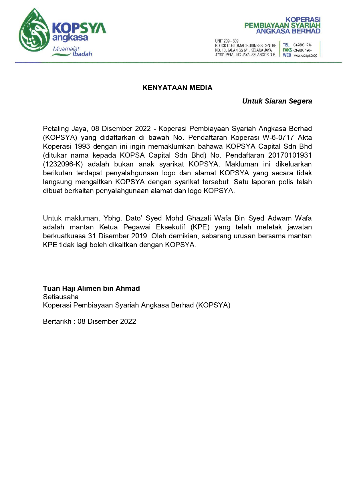 KENYATAAN MEDIA – PENAFIAN kOPSYA BERKAITAN KOPSA CAPITAL SDN BHD – KOPSYA